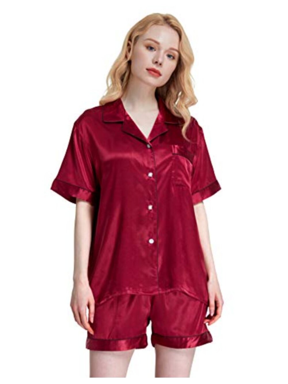 Satin Short Sleeve Pajama Set Button Down Sleepwear